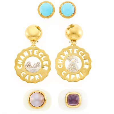 Lot 1277 - Two Pairs of Gold, Diamond and Turquoise Earclips and Two White Plastic, Gold, Cabochon Amethyst and Gray Mabé Pearl Rings
