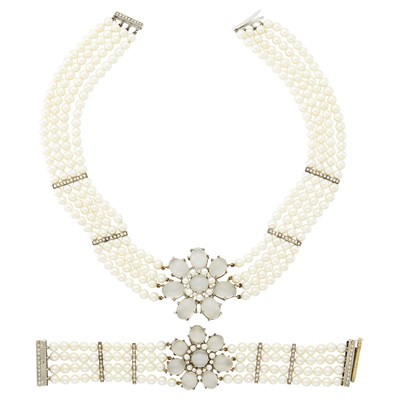 Lot 1182 - Four Strand Silver, Gold, Moonstone, Diamond and Cultured Pearl Necklace and Bracelet