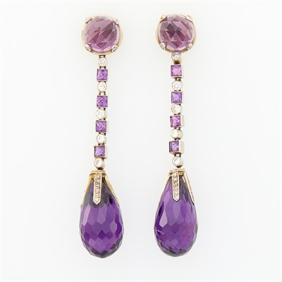 Lot 75 - Pair of White Gold, Amethyst and Diamond Pendant-Earrings