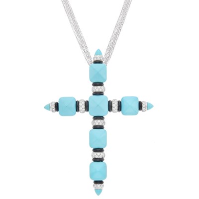 Lot 65 - White Gold, Turquoise, Diamond and Black Onyx Cross Pendant with Five Strand Chain Necklace