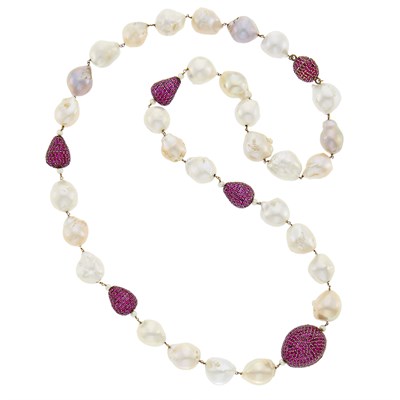Lot 71 - Long Baroque Cultured Pearl, Blackened Silver and Ruby Nugget Bead Necklace