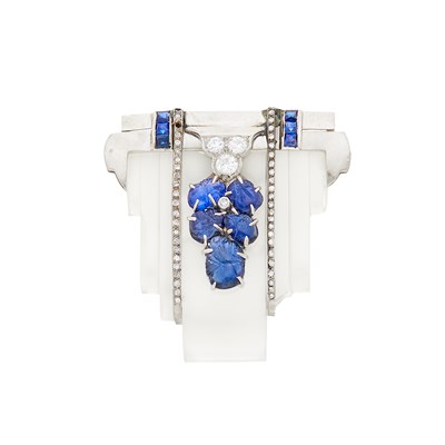 Lot 68 - Platinum, Carved Rock Crystal and Sapphire and Diamond Clip