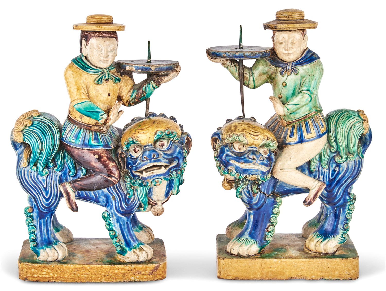 Lot 129 - A Pair of Chinese Tilework Figural Prickets...