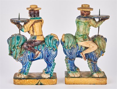 Lot 129 - A Pair of Chinese Tilework Figural Prickets...