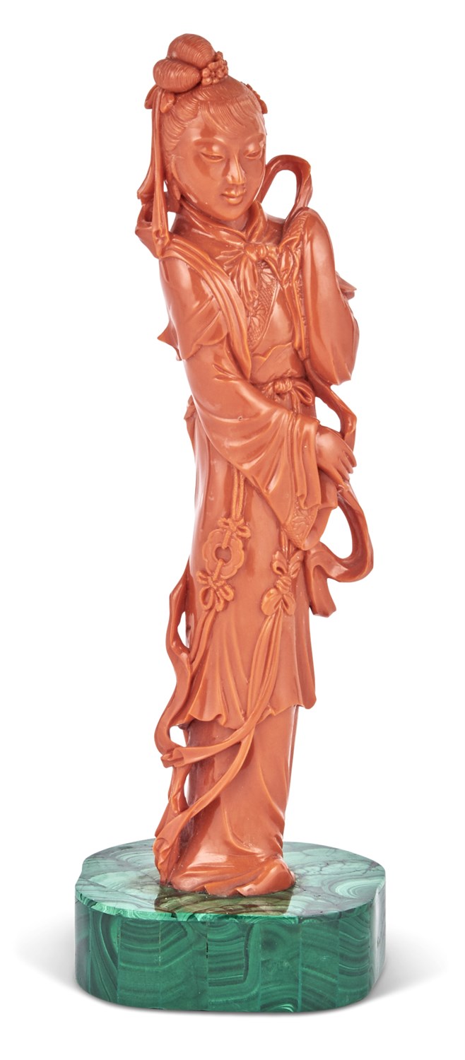 Lot 98 - A Chinese Coral Carving of a Meiren Early 20th...