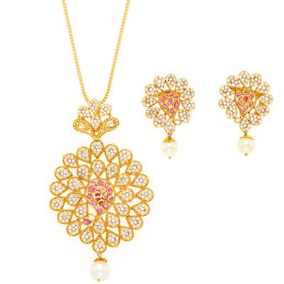 Lot 1141 - High Karat Gold, Diamond, Cultured Pearl and Ruby Pendant with Chain Necklace and Pair of Earrings