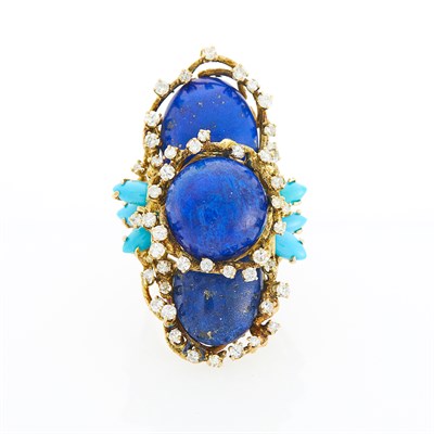 Lot 1152 - Gold, Lapis, Turquoise and Diamond Ring