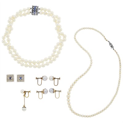 Lot 1156 - Two Cultured Pearl Necklaces, Three Pairs of Earclips and Single Earclip