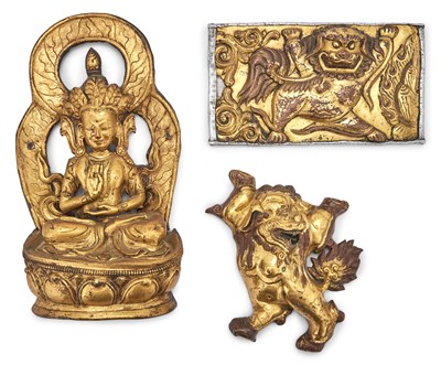 Lot 347 - Three Chinese Gilt Repoussé Copper Panels 18th...