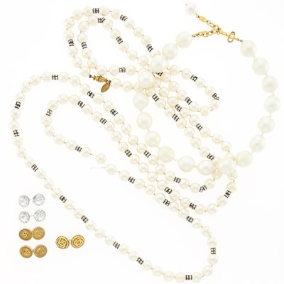 Lot 1053 - Chanel Two Imitation Pearl and Rhinestone Necklaces and Group of Cufflinks, France