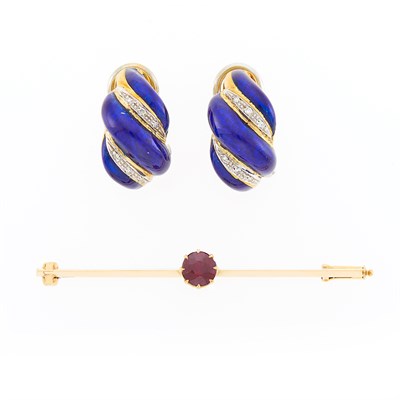 Lot 1043 - Pair of Two-Color Gold, Blue Enamel and Diamond Earrings and Garnet Bar Pin