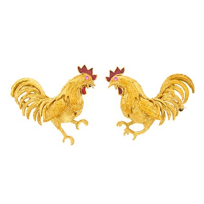 Lot 1237 - Two Gold and Red Enamel Rooster Pins