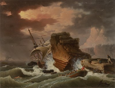 Lot 1038 - American School 19th Century Shipwreck Oil on...