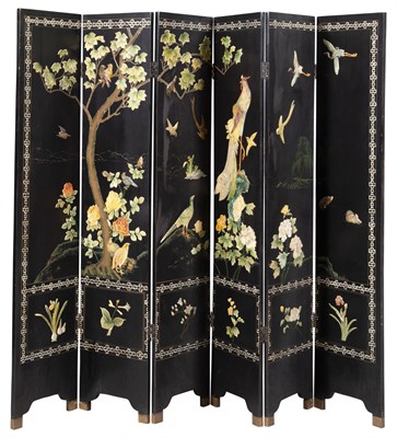 Lot 323 - Chinese Lacquer and Hardstone Inset Six-Panel...