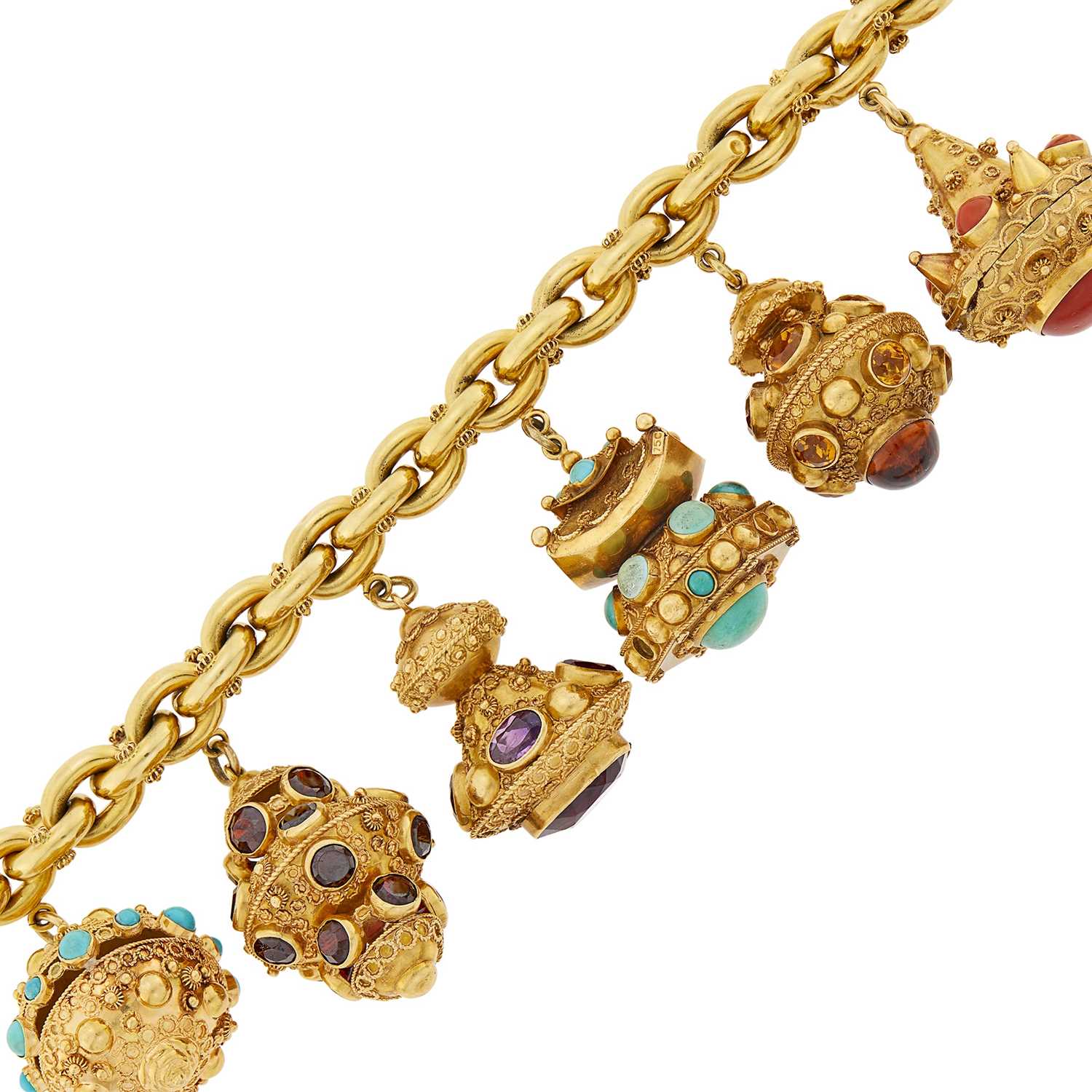 Lot 1013 - Gold, Hardstone and Colored Stone Charm Bracelet