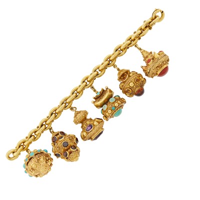 Lot 1013 - Gold, Hardstone and Colored Stone Charm Bracelet