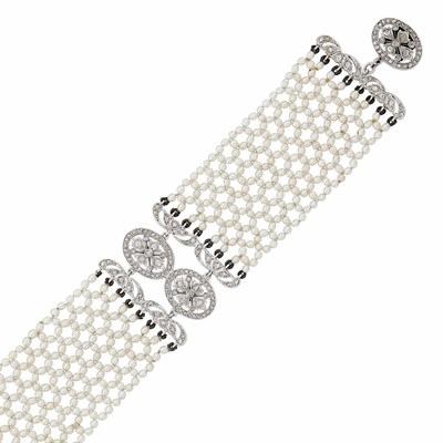 Lot 74 - Belle Époque Wide Seed Pearl Mesh, Platinum and Diamond Bracelet