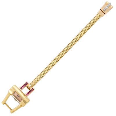 Lot 82 - Two-Color Gold, Platinum, Ruby and Diamond Snake Chain Bracelet-Watch and Pair of Bow Earclips