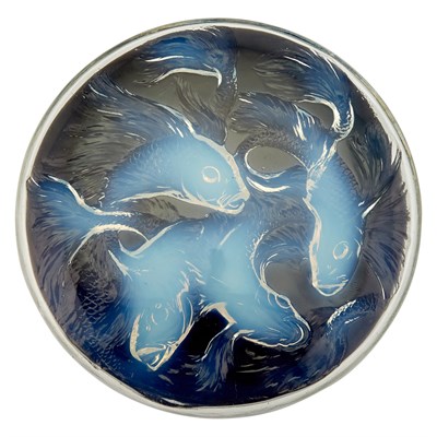Lot 282 - R. Lalique Molded Opalescent Glass Cyprins Box...