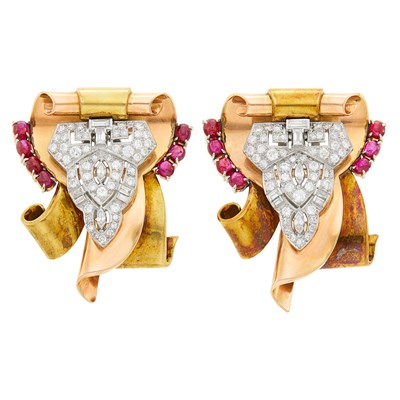 Lot 83 - Platinum and Diamond Double Clip-Brooch with Two-Color Gold and Cabochon Ruby Clip Jackets
