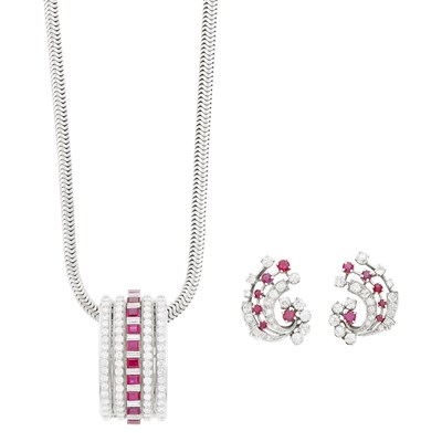 Lot 81 - Platinum, Ruby and Diamond Enhancer-Clip with Rhodium-Plated Rose Gold Snake Chain and Pair of White Gold Spray Earclips