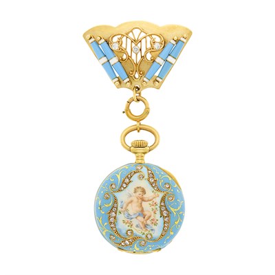 Lot 90 - Antique Gold, Turquoise Enamel and Diamond Portrait Miniature Cupid Lapel Watch