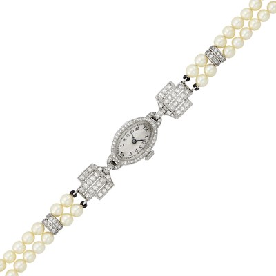 Lot 65 - Double Strand Cultured Pearl, Platinum and Diamond Wristwatch