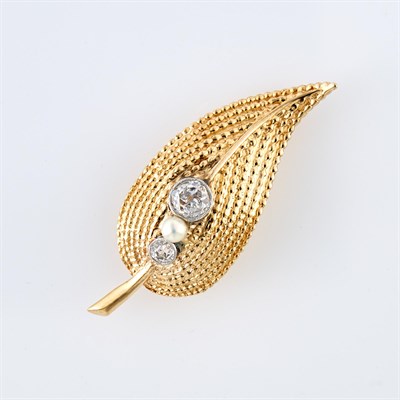 Lot 1174 - Two-Color Gold, Diamond and Cultured Pearl Leaf Pin