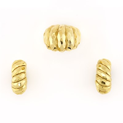 Lot 1118 - Pair of Hammered Gold Bombé Half-Hoop Earrings and Ring