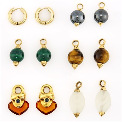 Lot 1250 - Pair of Gold Hoop Earrings with Five Pairs of Gold and Hardstone Interchangeable Pendants