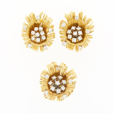 Lot 1085 - Pair of Gold and Diamond Flower Earrings and Ring