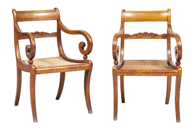 Lot 1145 - Pair of Classical Carved Tiger Maple Armchairs...