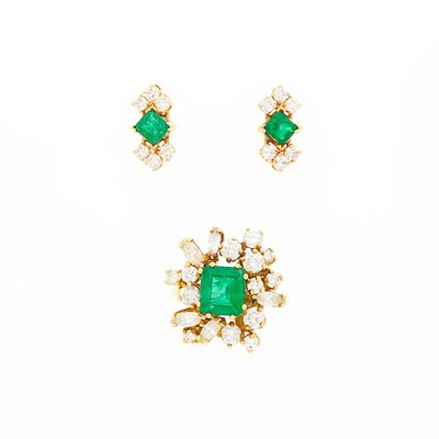 Lot 1105 - Pair of Gold, Emerald and Diamond Earrings and Ring