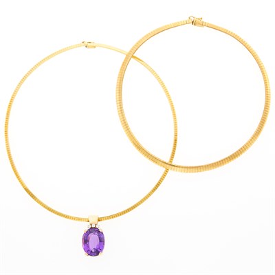 Lot 1243 - Gold, Amethyst and Diamond Pendant and Two Gold Omega Necklaces