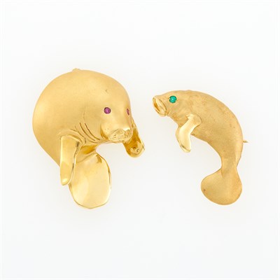 Lot 1037 - Two Gold Manatee Brooches