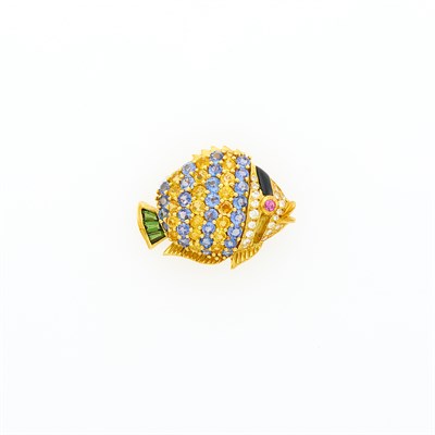 Lot 1022 - Jean Vitau Gold, Multicolored Sapphire and Diamond Fish Pin