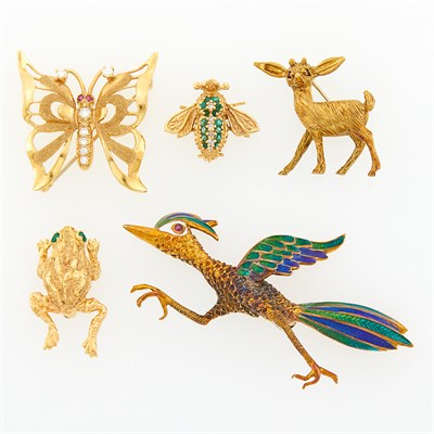Lot 1242 - Five Gold, Enamel, Gem-Set and Diamond Animal and Insect Brooches