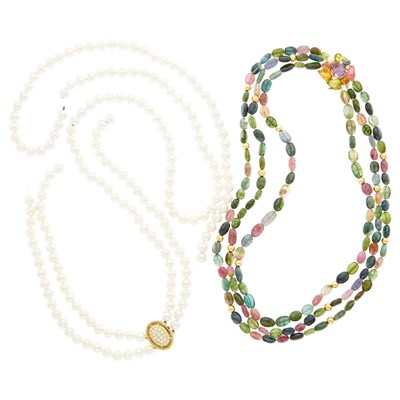 Lot 1145 - Triple Strand Tourmaline Bead Necklace with Colored Stone and Diamond Clasp and Double Strand Cultured Pearl Necklace