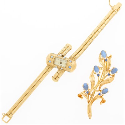 Lot 1176 - Double Strand Gold and Opal Bracelet-Watch and Moonstone and Sapphire Brooch