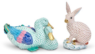 Lot 137 - Herend Blue Fishnet Porcelain Large Rabbit;...