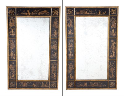 Lot 311 - Pair of Black and Parcel-Gilt Wood Mirrors...