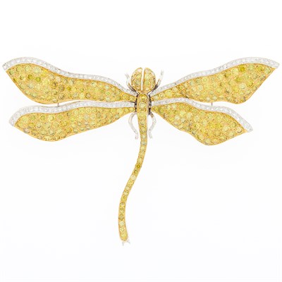 Lot 1109 - White Gold, Colored Diamond and Diamond Dragonfly Brooch