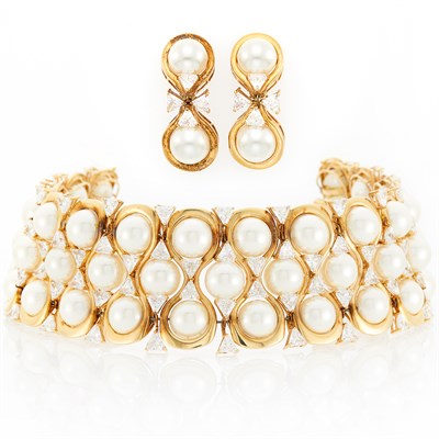 Lot 1289 - Gold, Imitation Pearl and Simulated Diamond Choker Necklace and Pair of Earclips