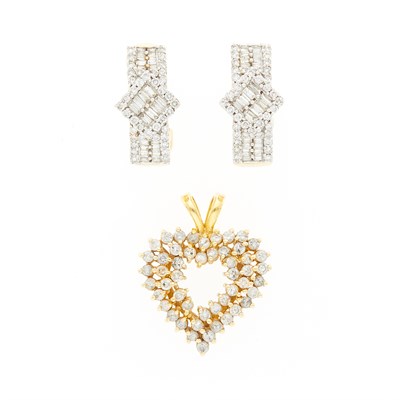 Lot 1104 - Pair of Two-Color Gold and Diamond Earrings and Heart Pendant