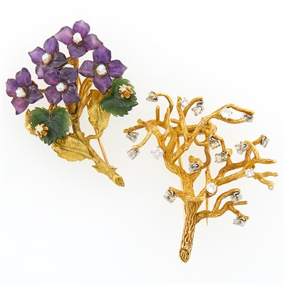 Lot 1253 - Gold and Diamond Clip-Brooch and Carved Amethyst, Nephrite, Seed Pearl and Diamond Flower Pin