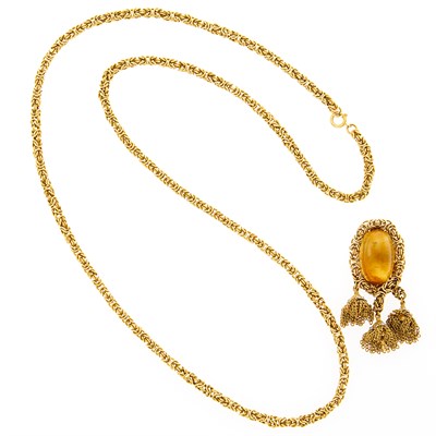 Lot 1210 - Gold, Cabochon Citrine and Diamond Tassel Pendant and Long Chain Necklace