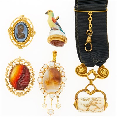 Lot 1201 - Group of Gold, Cultured Pearl and Hardstone Seals, Intaglios, Pins and Fobs