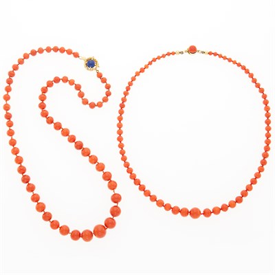 Lot 1206 - Two Coral Bead Necklaces with Gold, Gold-Filled, Coral and Lapis Clasps