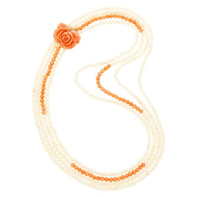 Lot 1173 - Long Four Strand White and Orange Coral Bead Necklace with Carved Coral Flower Clasp
