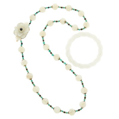 Lot 1296 - Gold, Carved Jade, Black and Green Onyx Bead Necklace and White Jade Bangle Bracelet